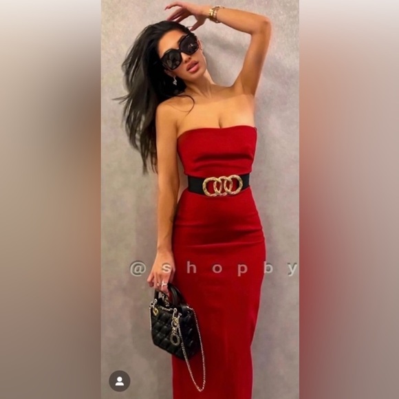 Last one ๐จ Zara Red Fitted Strapless Bodycon Midi Dress stretchy back Slit NWT - Picture 12 of 16